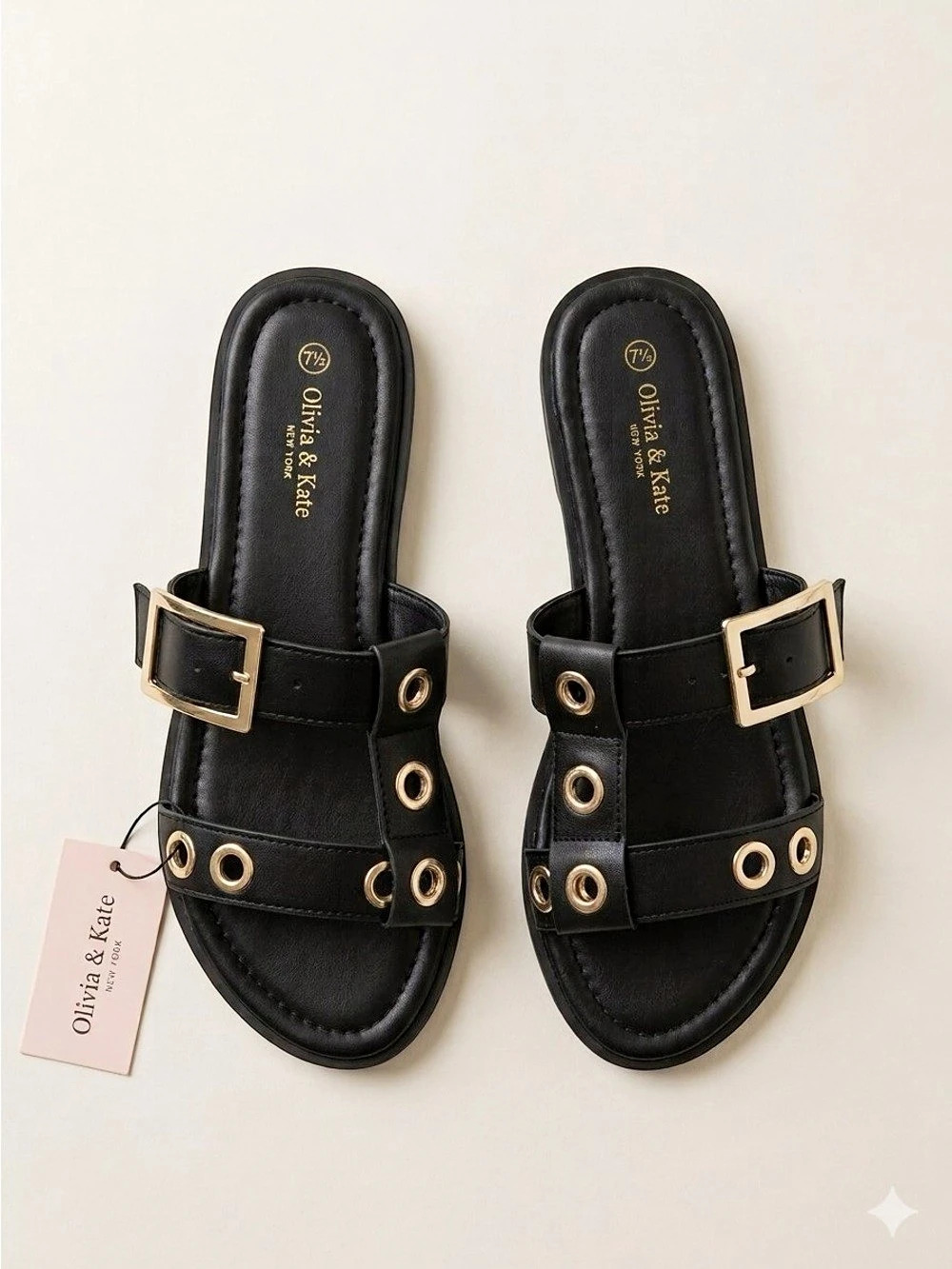 Olivia & Kate Flat Buckle Sandals in Black NWT